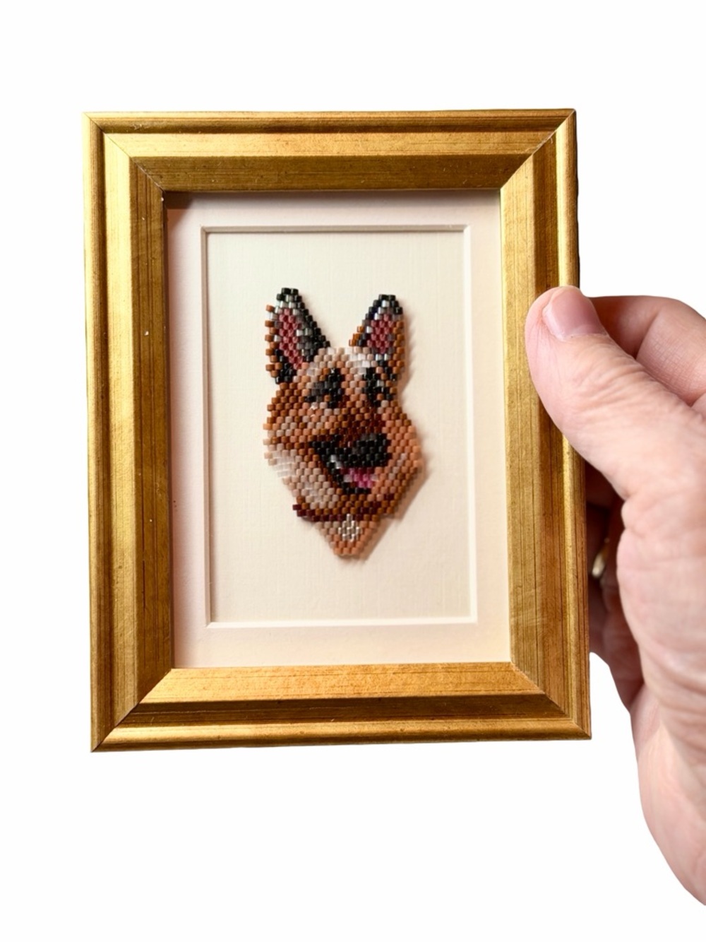 Brick Stitched BeadedGerman Shepherd Mini Beaded Portrait, Framed Dog Art